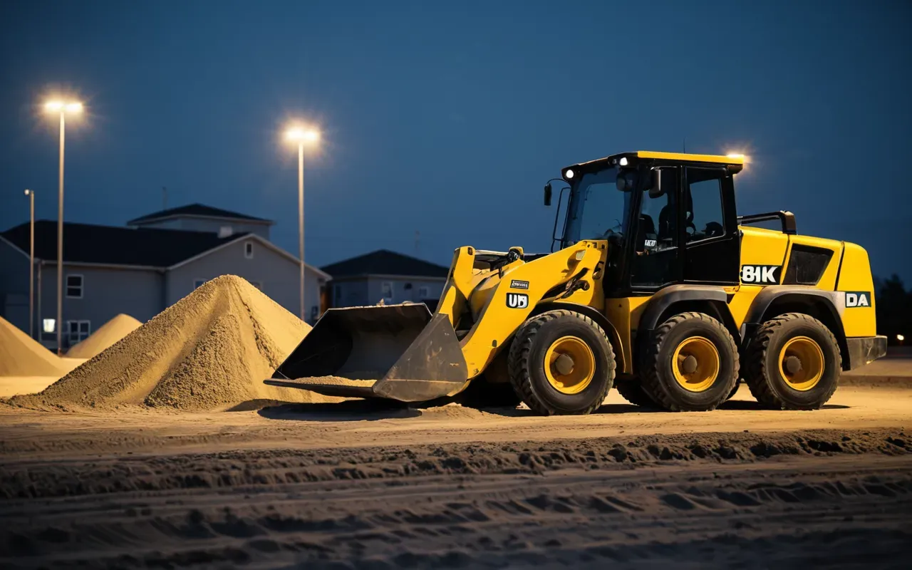 A construction site at dusk with a yellow compact skid steer loader moving sand piles near a concrete mixer truck under floodlights.