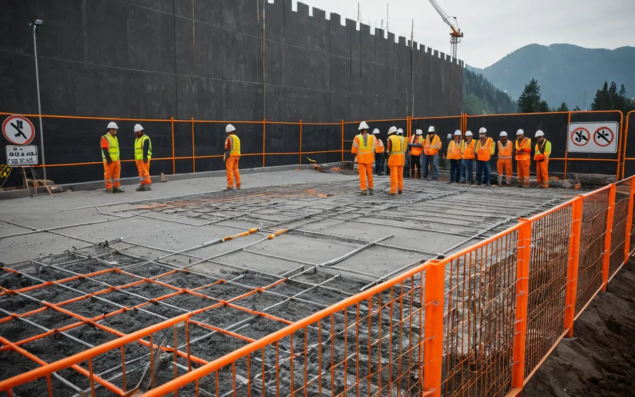 A construction site with freshly poured concrete foundations and rebar sticking up, surrounded by orange safety fencing. Workers in high-visibility vests stand near a small portable office trailer under clear blue sky.