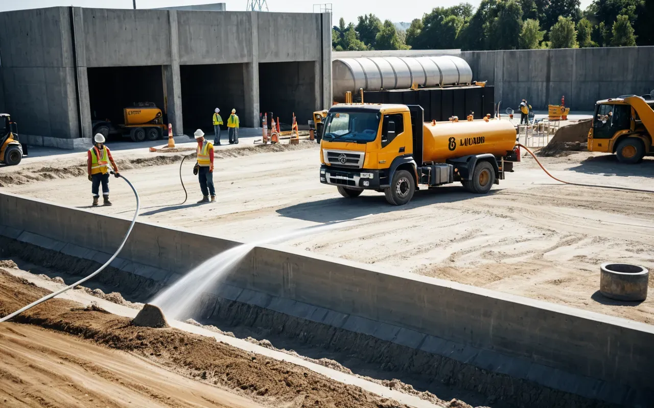 A construction site with large concrete foundations being poured by a pump truck. Workers in high-visibility vests are guiding the hose under bright daylight.