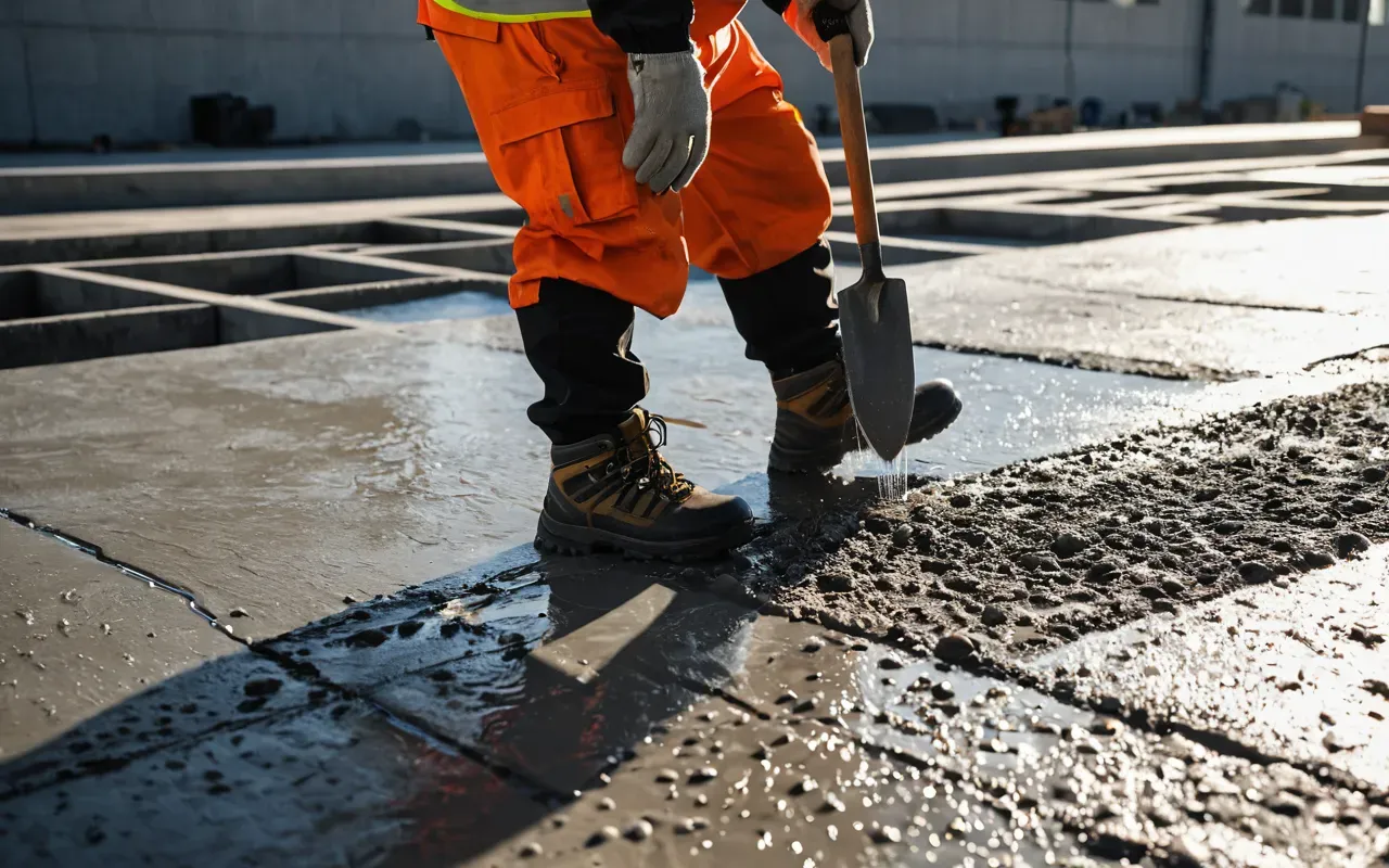 A construction worker in safety gear inspecting a wet concrete slab with a trowel while sunlight casts long shadows across the smooth gray surface.