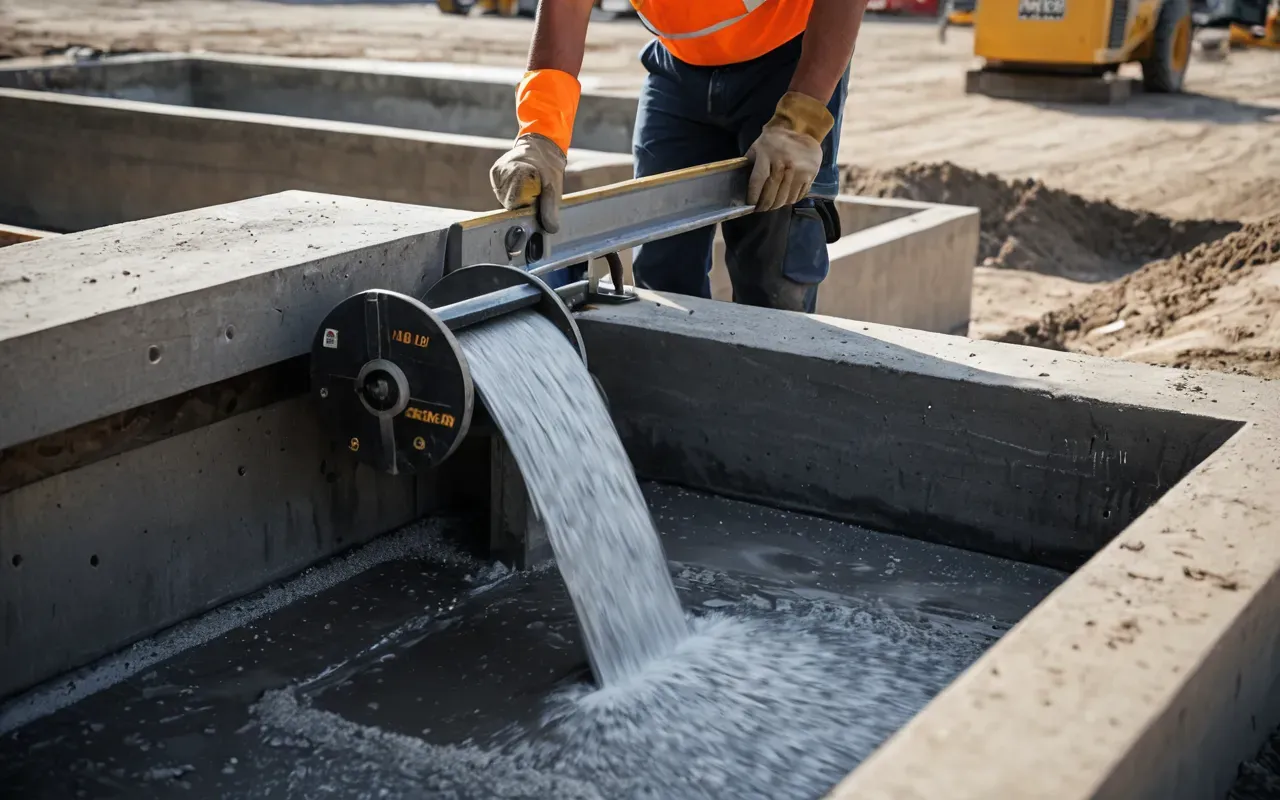 on-site cleaning operations A construction worker operating a portable concrete washout unit on a busy job site with clear daylight and organized tools nearby.
