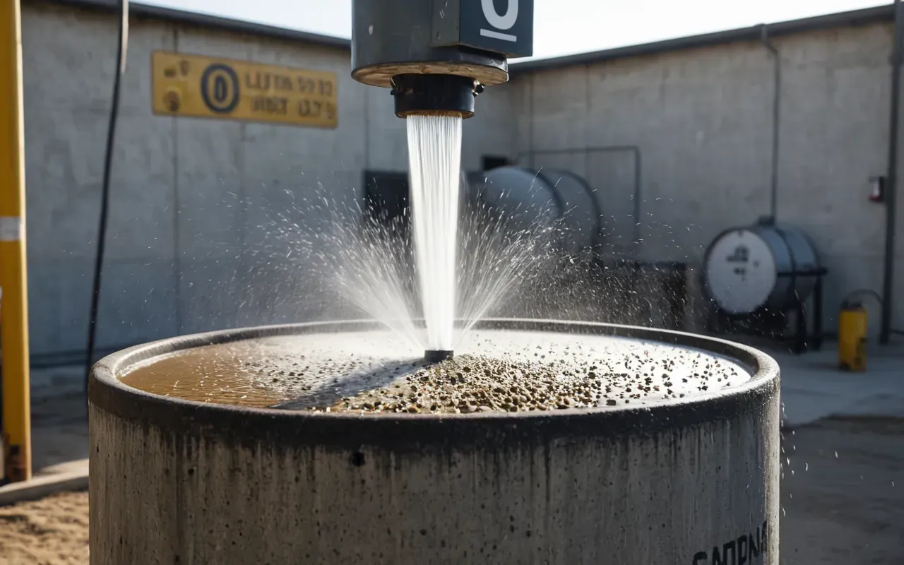 A detailed view of industrial water spray nozzles misting over a concrete mixing drum to suppress dust in an outdoor facility with bright natural lighting and no visible text.