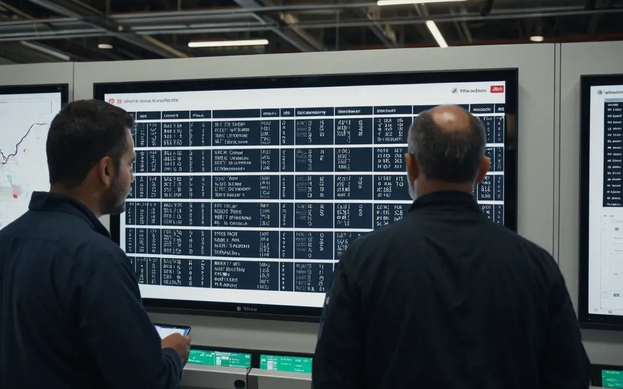 A diverse group of engineers and operators reviewing data on a large screen in an industrial setting with bright artificial lighting and modern equipment.