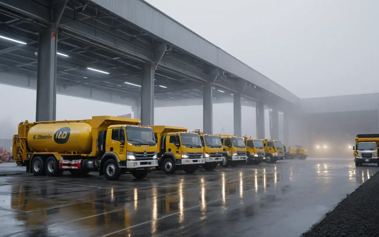 A fleet of ready-mix concrete trucks lined up at a plant loading dock in early morning fog, with headlights glowing bright white against gray mist and wet reflective pavement stretching into the distance.