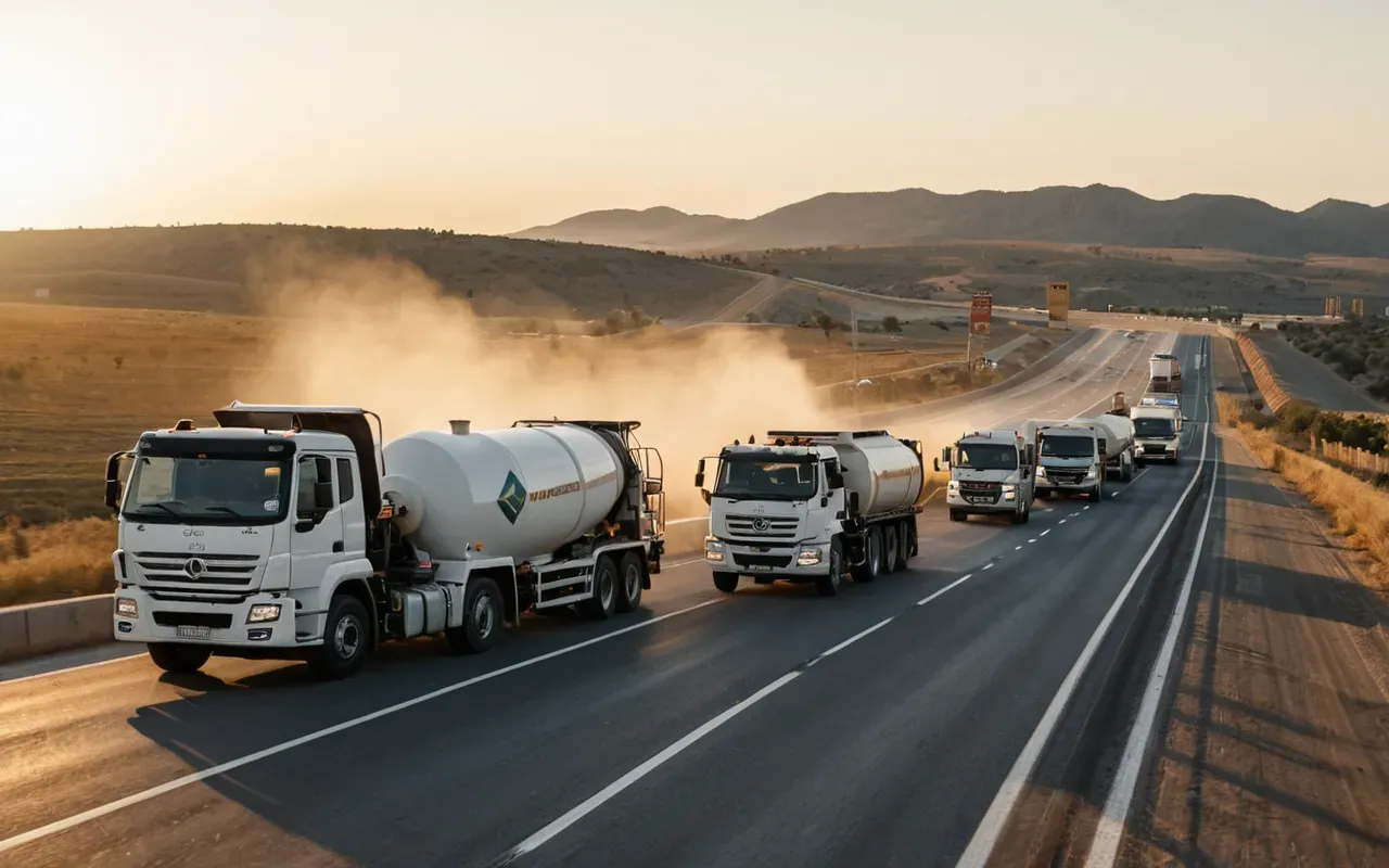 A fleet of white concrete mixer trucks driving on a multi-lane highway during golden hour with dust kicking up behind the tires and no visible text or logos on the vehicles.