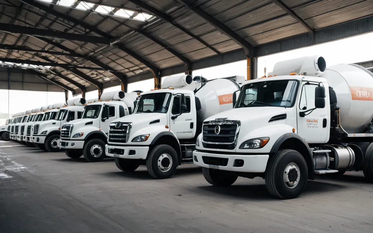 A fleet of white concrete mixer trucks parked in a neat row at an industrial depot. The sunlight reflects off the spinning drums and chrome bumpers.