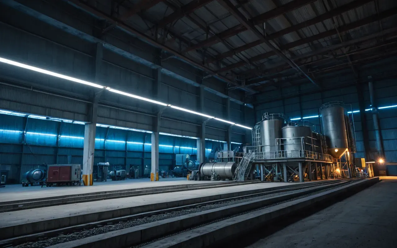 A futuristic concrete batching facility at dusk with blue lights illuminating the machinery and clean geometric lines in a wide shot.