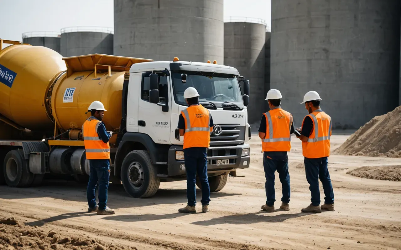 construction worker efficiency A group of workers in high visibility vests standing near a concrete mixer while looking at their phones and waiting for material delivery on a dusty site.