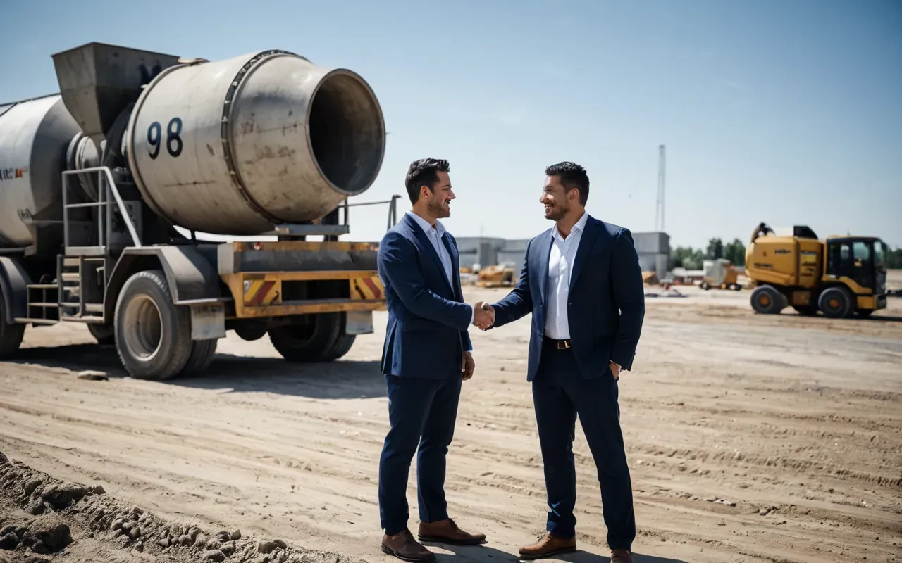 business partnership agreements A handshake between two professionals in business casual wear standing next to a concrete mixer on a construction site with blue sky background.