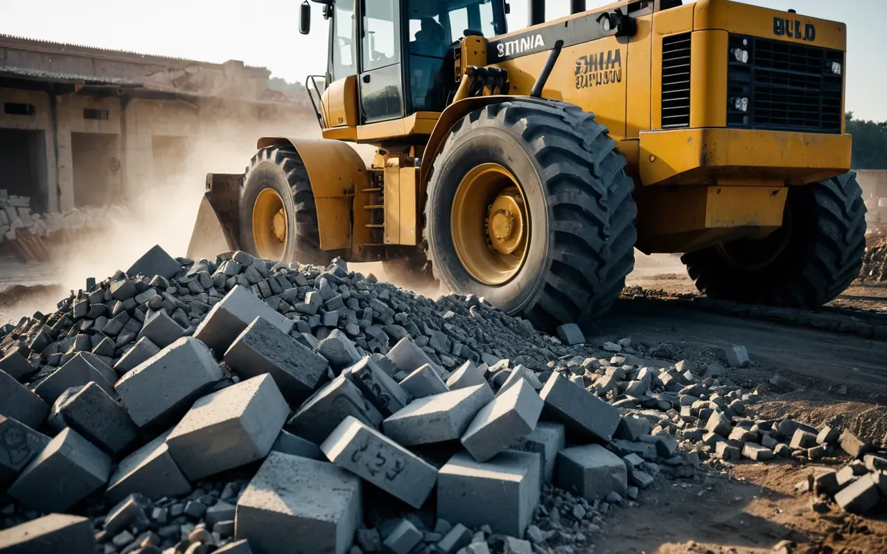 A heavy construction bulldozer crushing a pile of broken concrete blocks and rebar in the early morning light with dust rising around the machine.