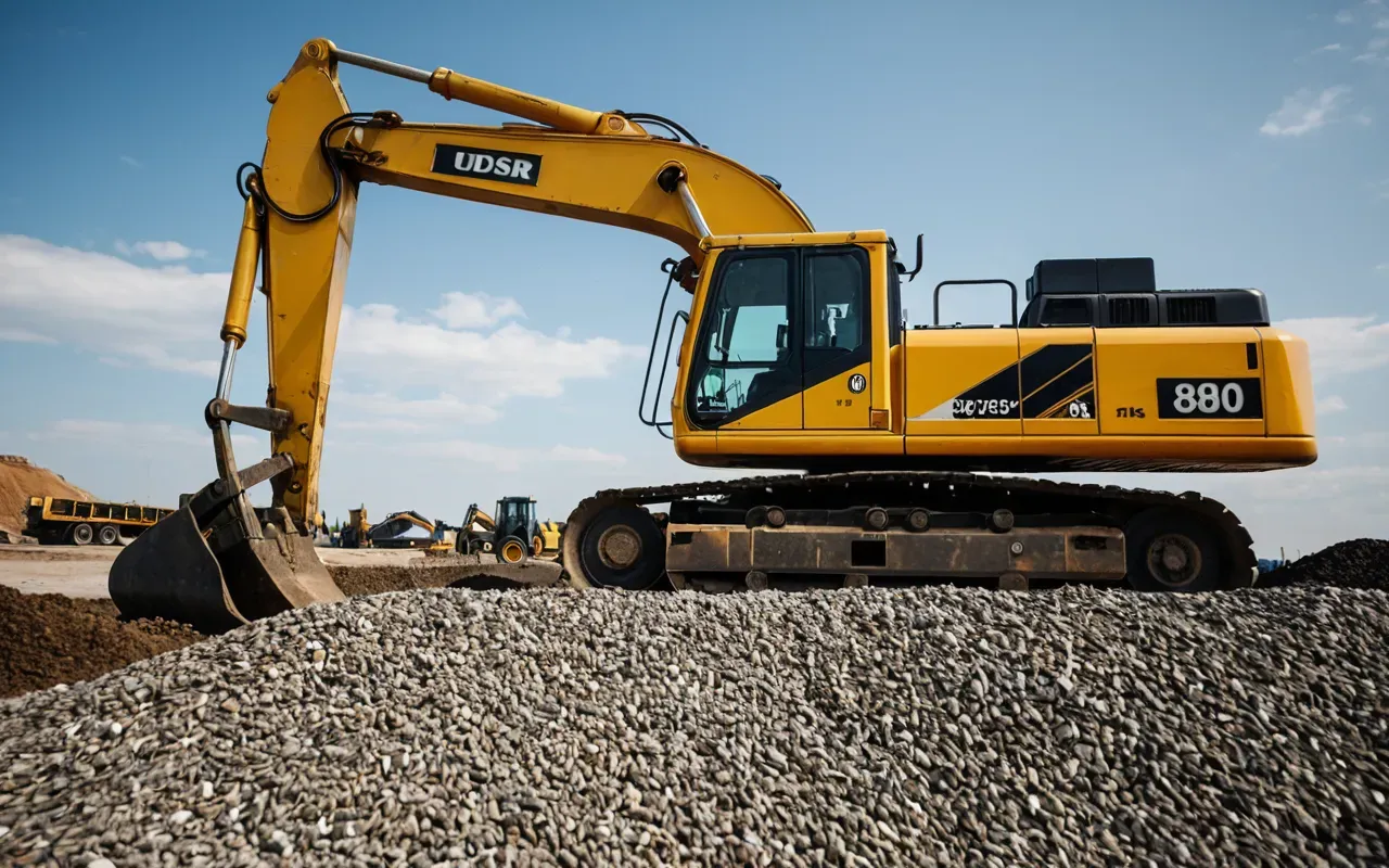 excavator construction work A heavy excavator digging into a pile of gravel at a construction site. The machine is yellow with large black tires and the background shows an open sky with distant hills.