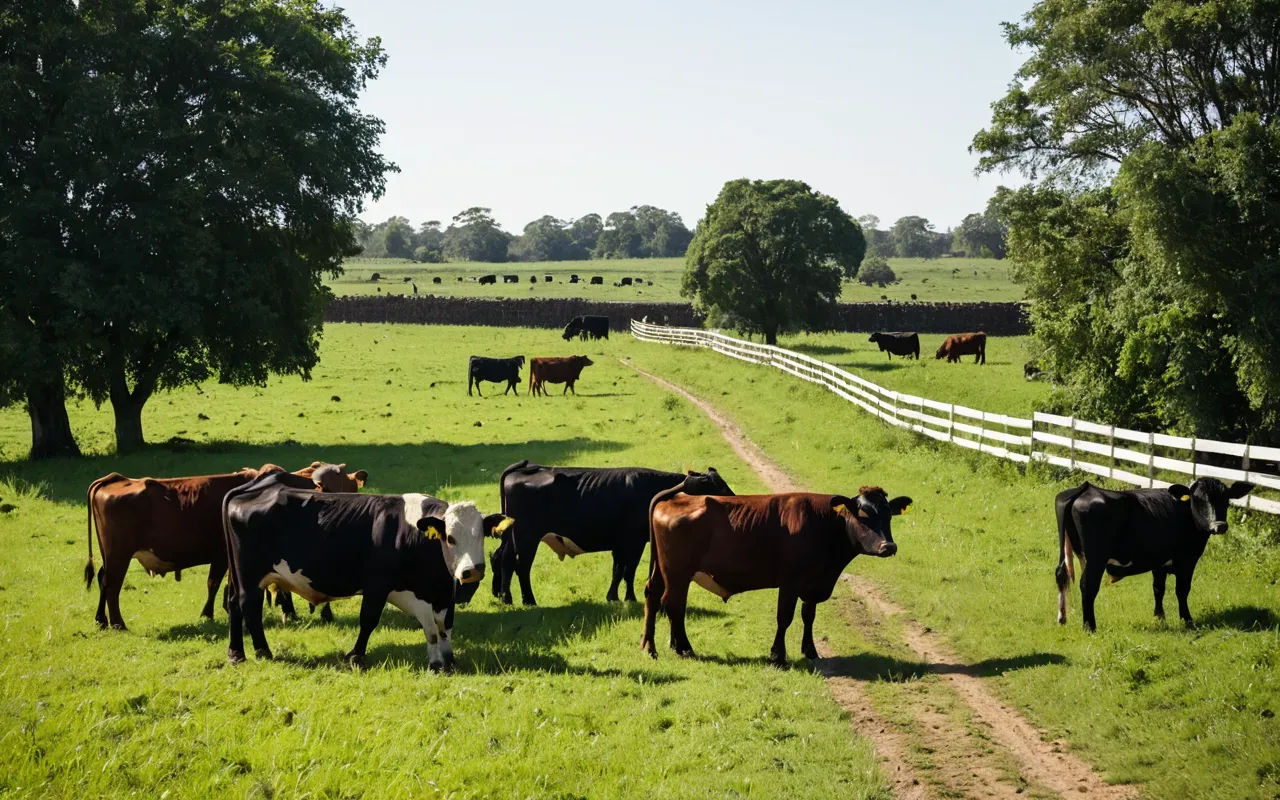 A herd of cattle grazing in a lush green pasture near a rural fence line. The animals appear calm and healthy under bright natural sunlight. A dirt road runs parallel to the field, emphasizing the agricultural setting without showing any industrial equipment.
