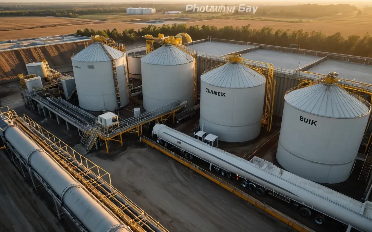 A high-angle shot of a modern ready-mix concrete plant at dawn. Large silos and mixing drums are visible under soft golden light. A line of mixer trucks is parked in the yard, waiting for dispatch.