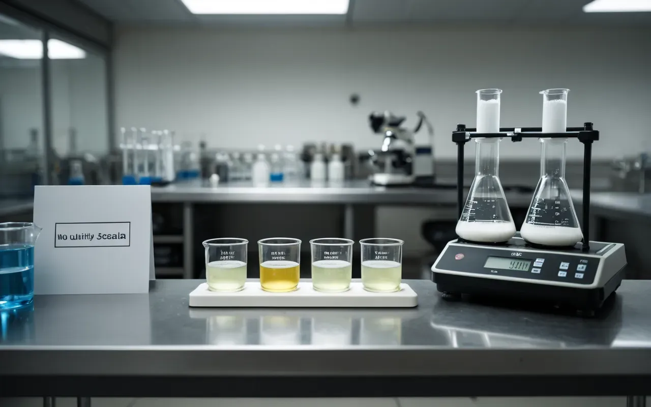 A laboratory bench with glass beakers filled with cloudy liquid and a scale measuring small white samples in a sterile environment with no text or numbers visible on any equipment.
