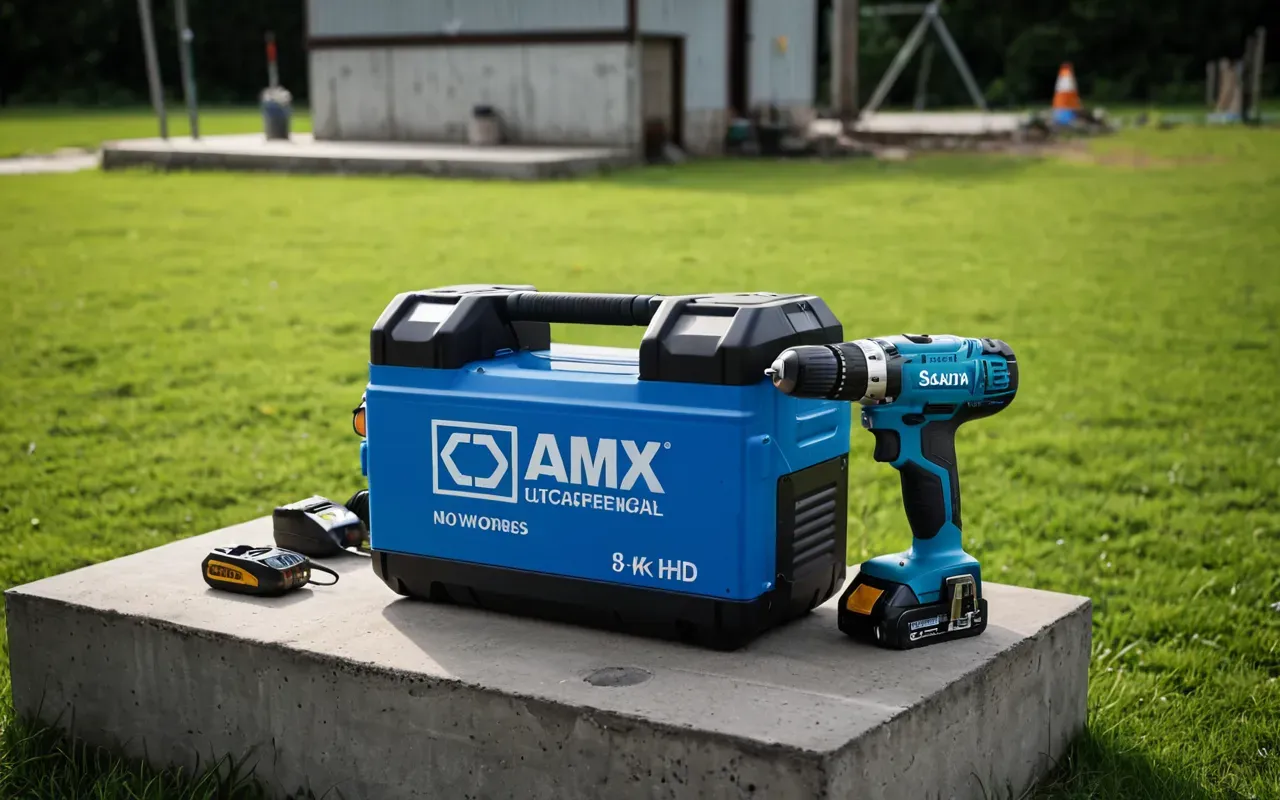 portable power solutions A large portable battery pack with blue indicator lights sitting next to a cordless drill and concrete mixer in an outdoor setting with green grass.