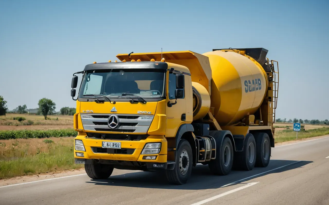 A large yellow concrete mixer truck driving on a rural highway with dusty tires and a clear blue sky in the background showing long distance travel logistics.