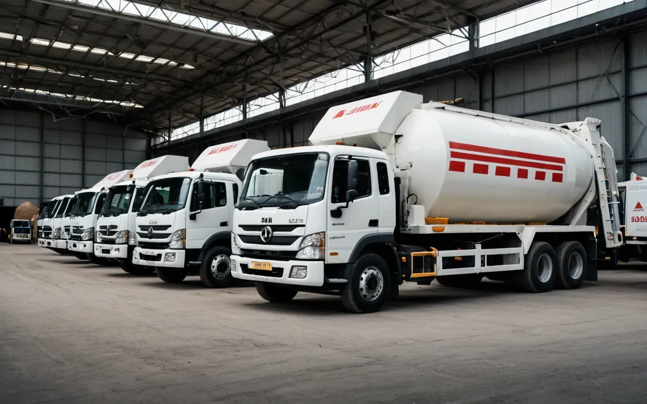 concrete truck fleet A line of ready mix concrete trucks parked in a depot with workers visible near the entrance gates during early morning preparations.