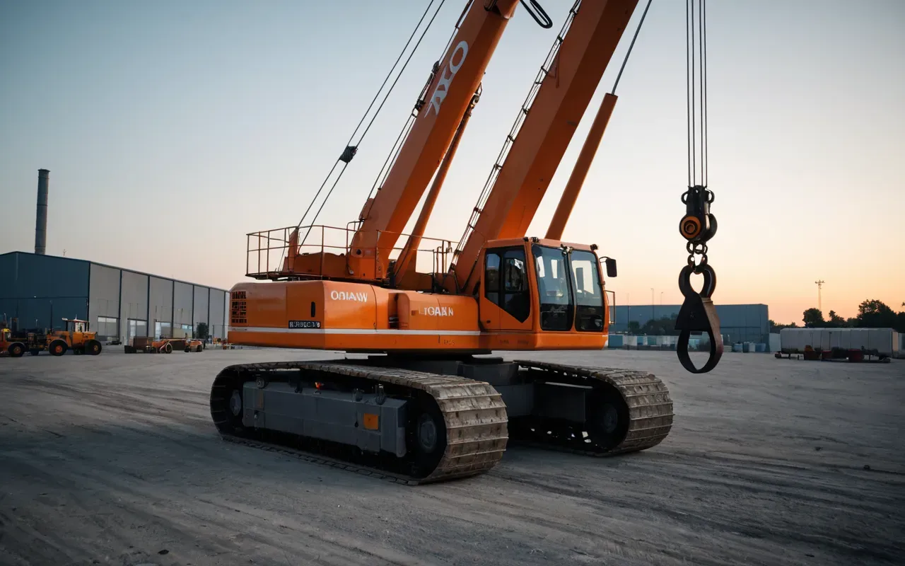 crawler crane A massive orange and white crawler crane standing tall in an industrial park at dusk with long shadows stretching across the concrete ground.