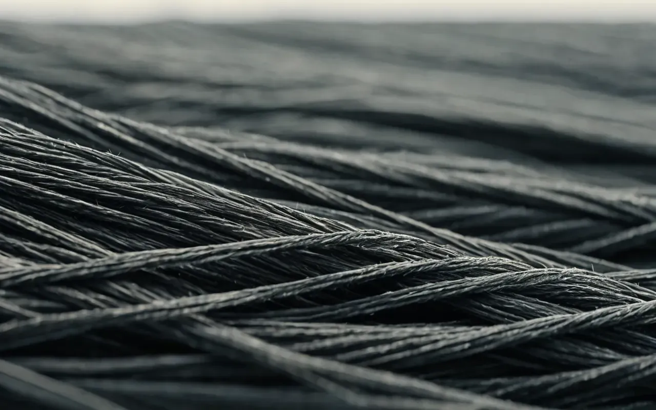 A microscopic view of glass fiber strands showing surface texture differences between a smooth brittle strand and a textured reinforced strand under high magnification with cool blue lighting and no text or labels visible.
