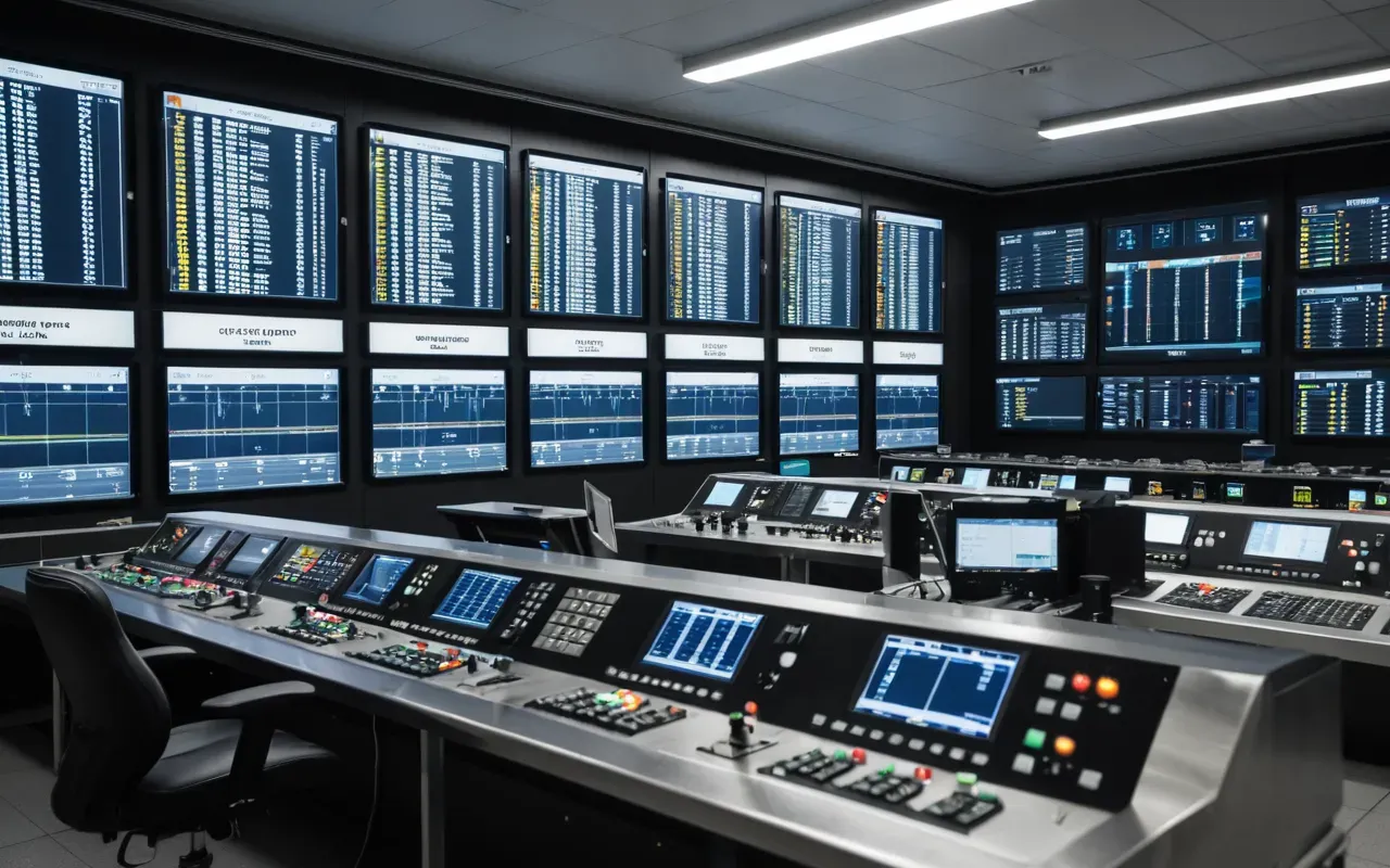 A modern automated batching plant control room with large digital screens showing real-time mixing data, surrounded by stainless steel panels and ergonomic workstations under soft white LED lighting.