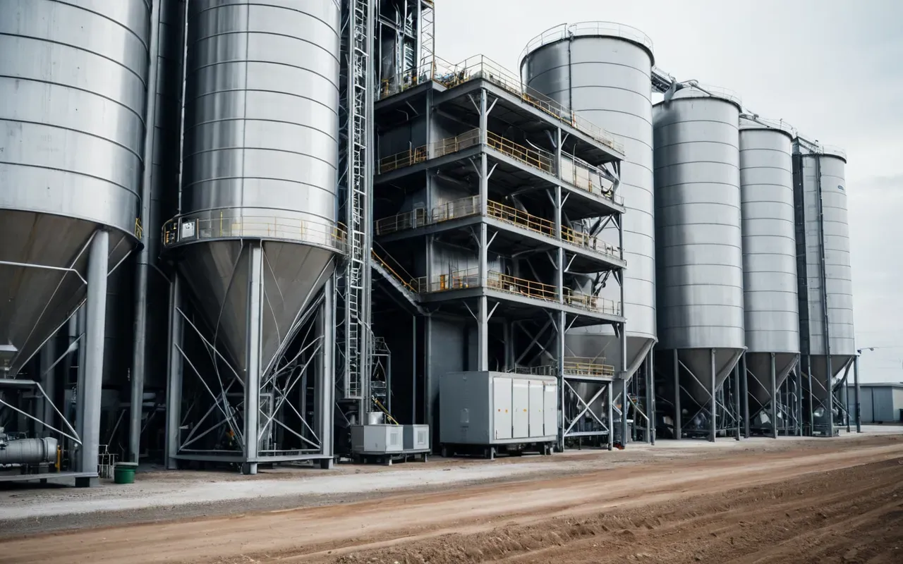 A modern automated concrete batching plant with large silver silos and digital control panels in a clean industrial yard during daytime.