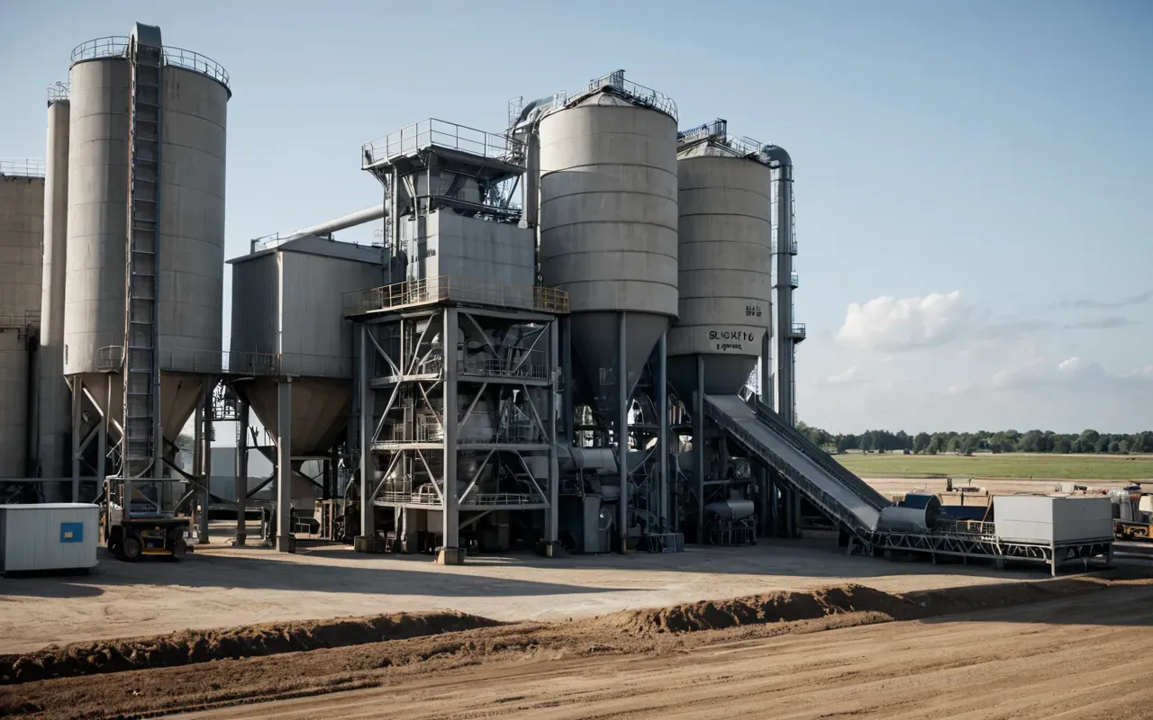 concrete batching plant operations A modern concrete batching plant operating in a large open yard during the day. The machinery is clean and industrial with large hoppers and conveyor belts visible under bright natural light.