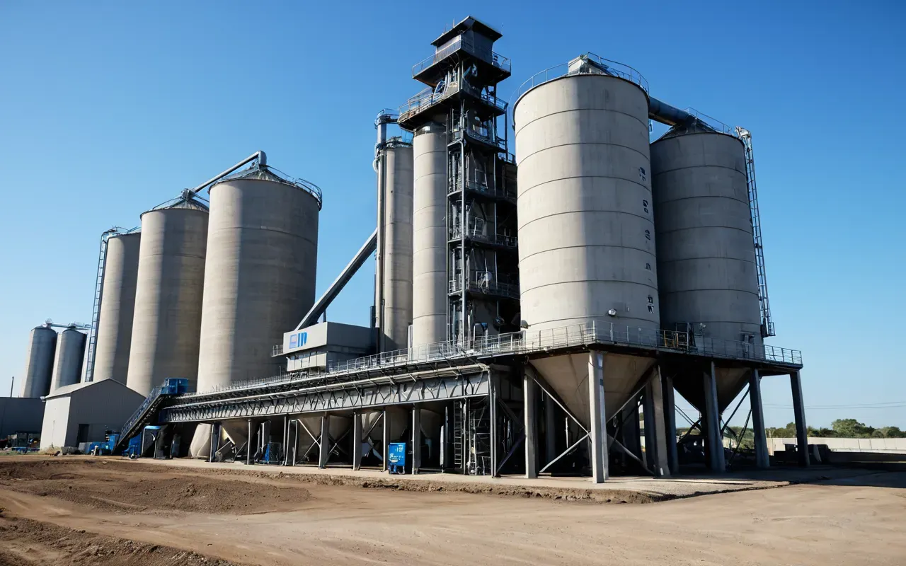 A modern concrete batching plant with large cylindrical silos and conveyor belts under a bright blue sky. The facility is clean and well-maintained with green safety railings visible on the walkways.