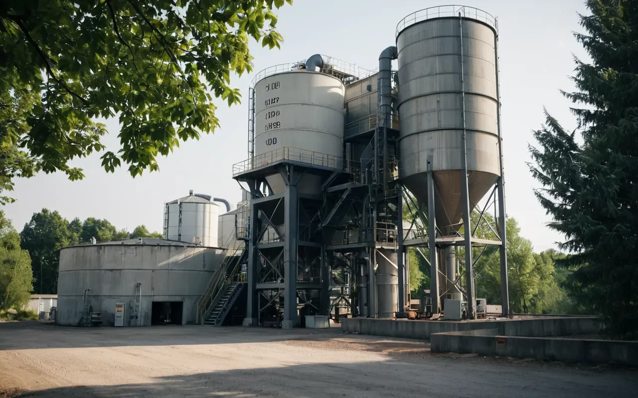 A modern concrete batching plant with large mixing drums and a control room under bright daylight with green trees in the background.
