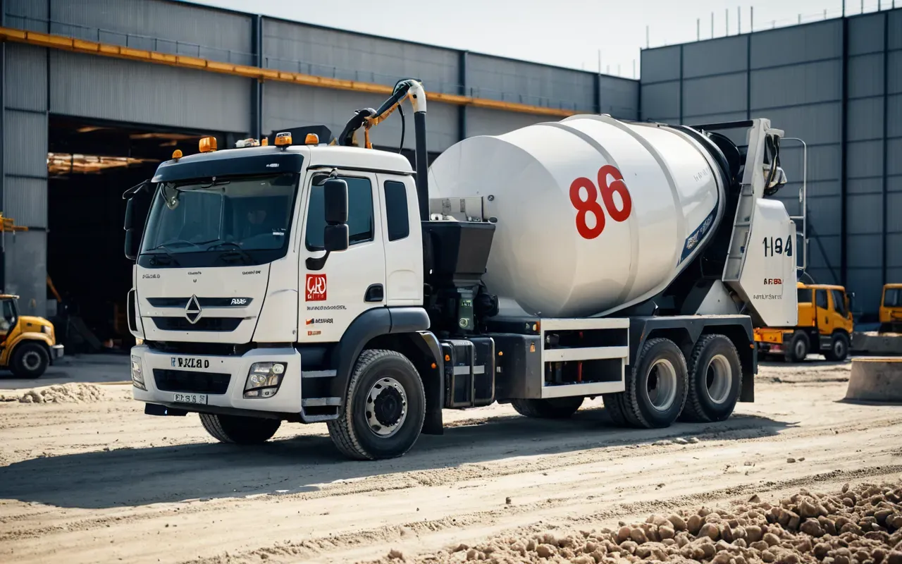 A modern concrete mixer truck dispensing precise amounts of material onto a construction site with bright daylight and clean industrial equipment.