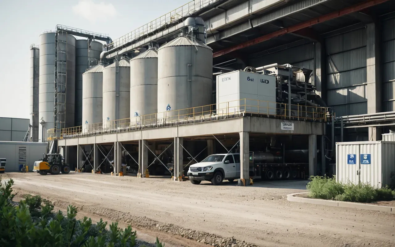 A modern concrete plant facility surrounded by green landscaping and dust suppression barriers. The scene shows organized storage areas for materials with clean lines and efficient layout design under clear blue sky.