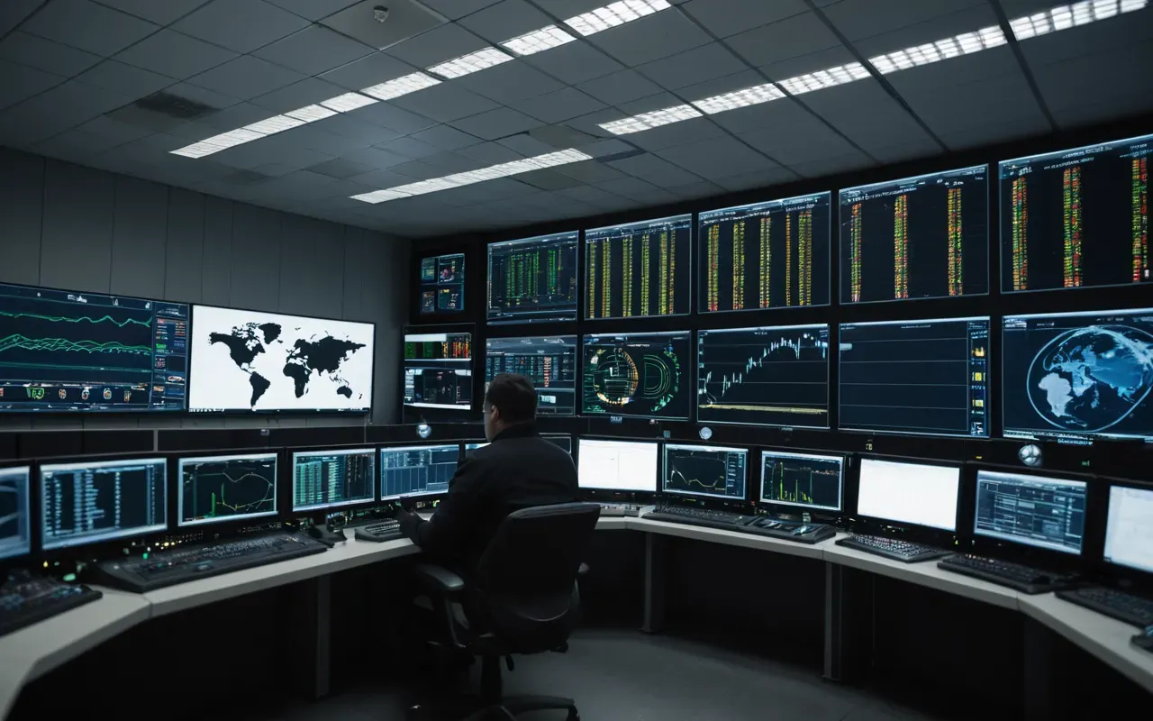 A modern control room with rows of monitors displaying graphical data streams and operators watching screens in a dimly lit high-tech facility.