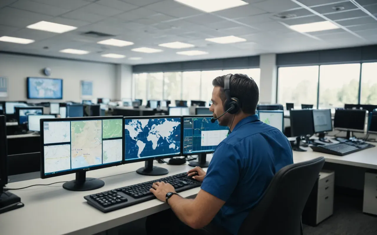 A modern dispatch center with multiple computer screens showing maps and fleet locations. A dispatcher is talking on a headset in a bright office environment.