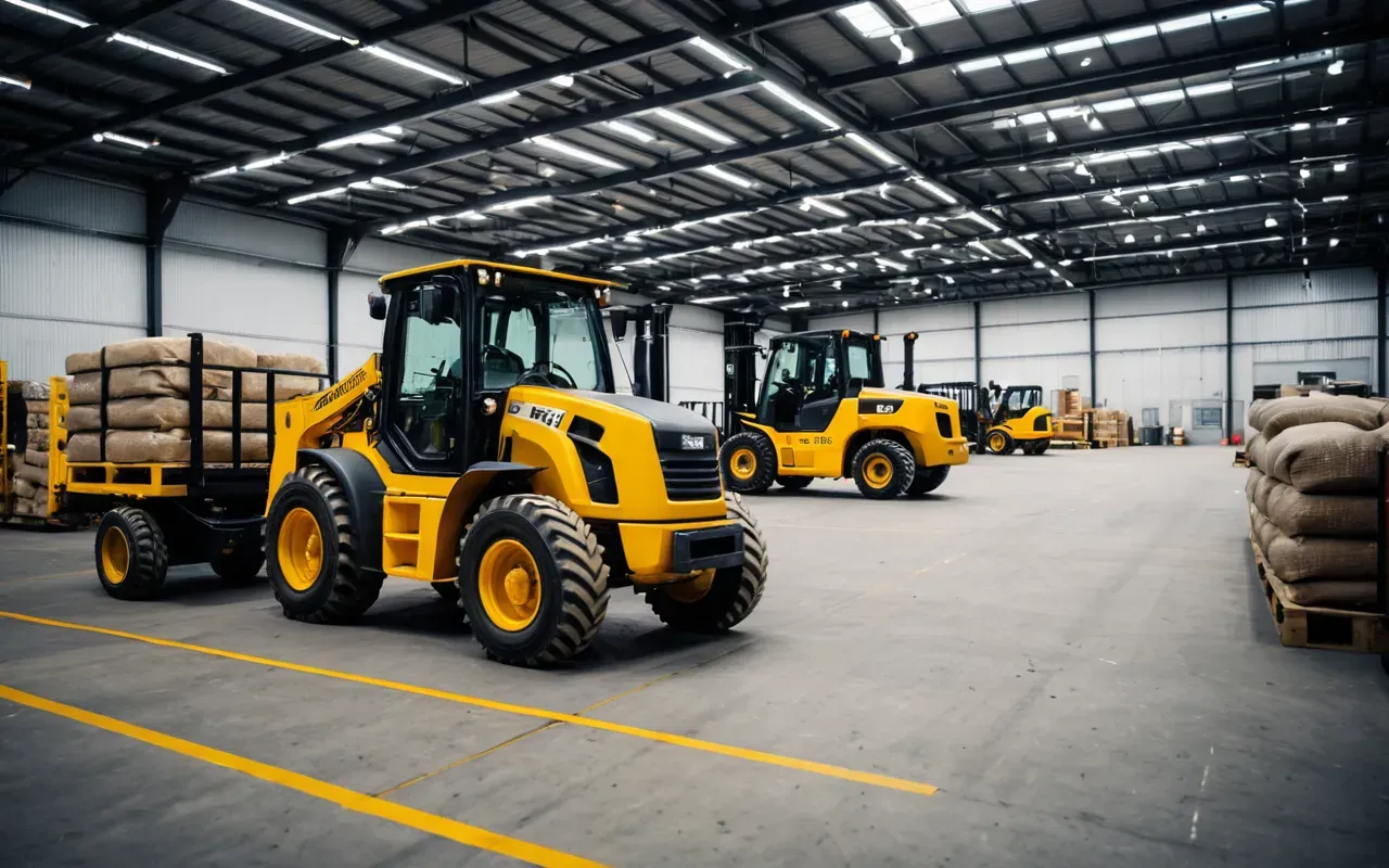 A modern heavy machinery warehouse interior with rows of yellow compact wheel loaders and forklifts under bright industrial LED lighting.