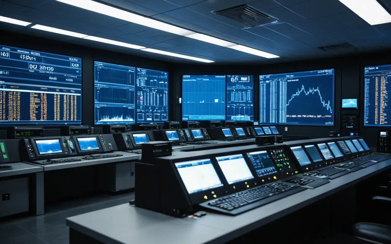 A modern industrial control room with large digital displays showing real-time data streams and automated machinery in the background under cool blue lighting.