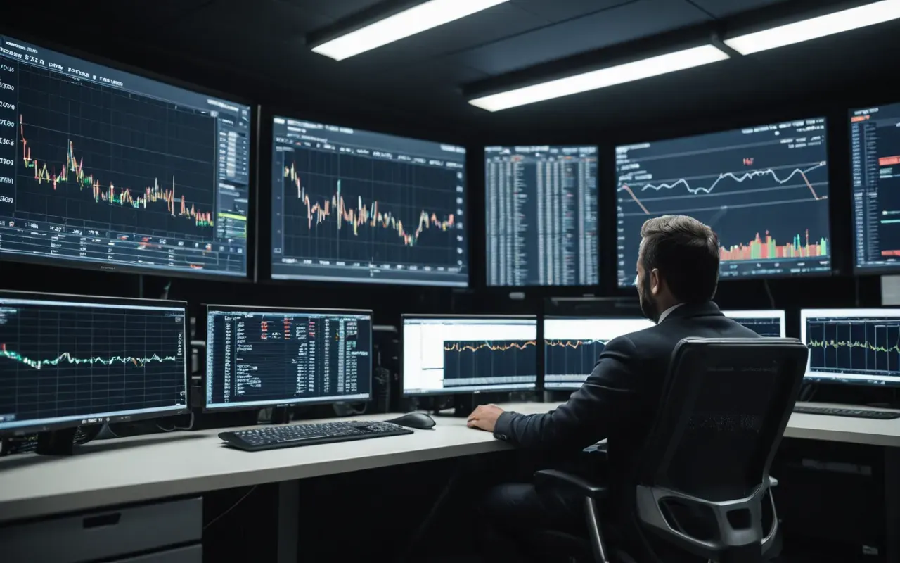 industrial control room automation A modern industrial control room with multiple large digital screens displaying abstract data charts and graphs, a person sitting in an ergonomic chair observing the displays, cool blue ambient lighting, clean minimalist aesthetic