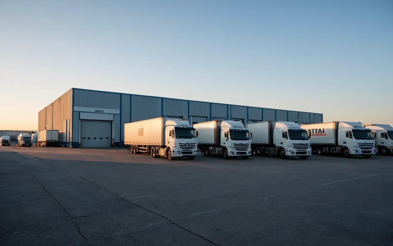 A modern industrial facility at dawn with large mixing equipment and parked trucks under clear blue sky