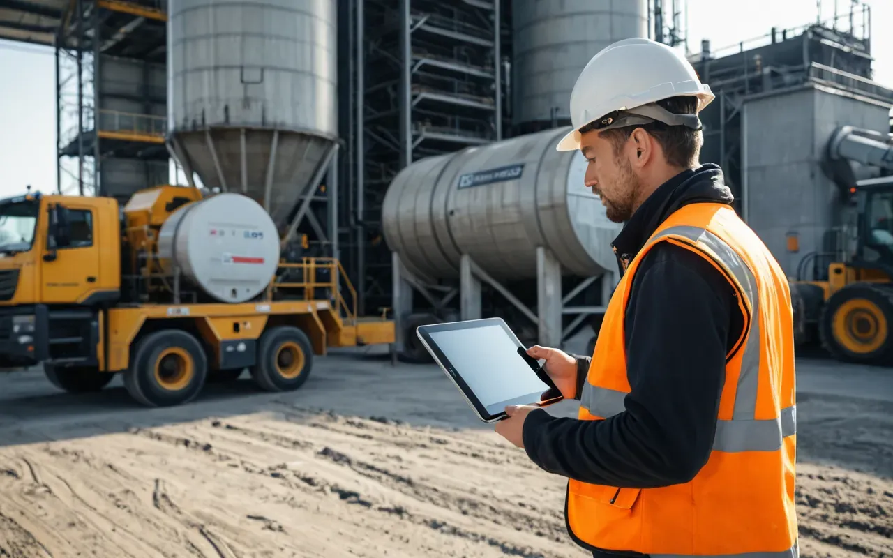modern field management tools A person in a high-visibility safety vest holding a rugged tablet computer while standing near large industrial concrete mixing equipment, bright daylight setting, professional construction site atmosphere