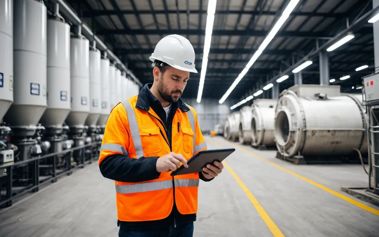 A professional construction manager reviewing a digital tablet on the floor of a clean concrete batching plant with modern equipment and bright overhead lighting but no visible text or screens.