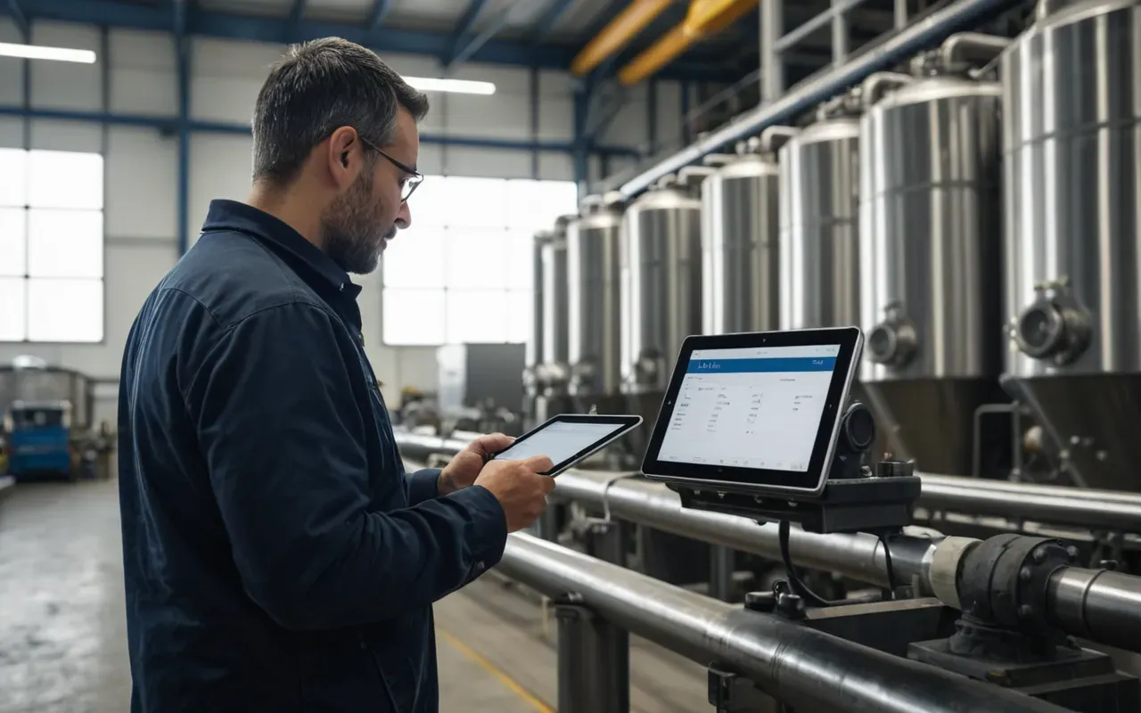 A professional engineer reviewing digital batch data on a tablet while standing next to a large industrial mixer in a clean facility.