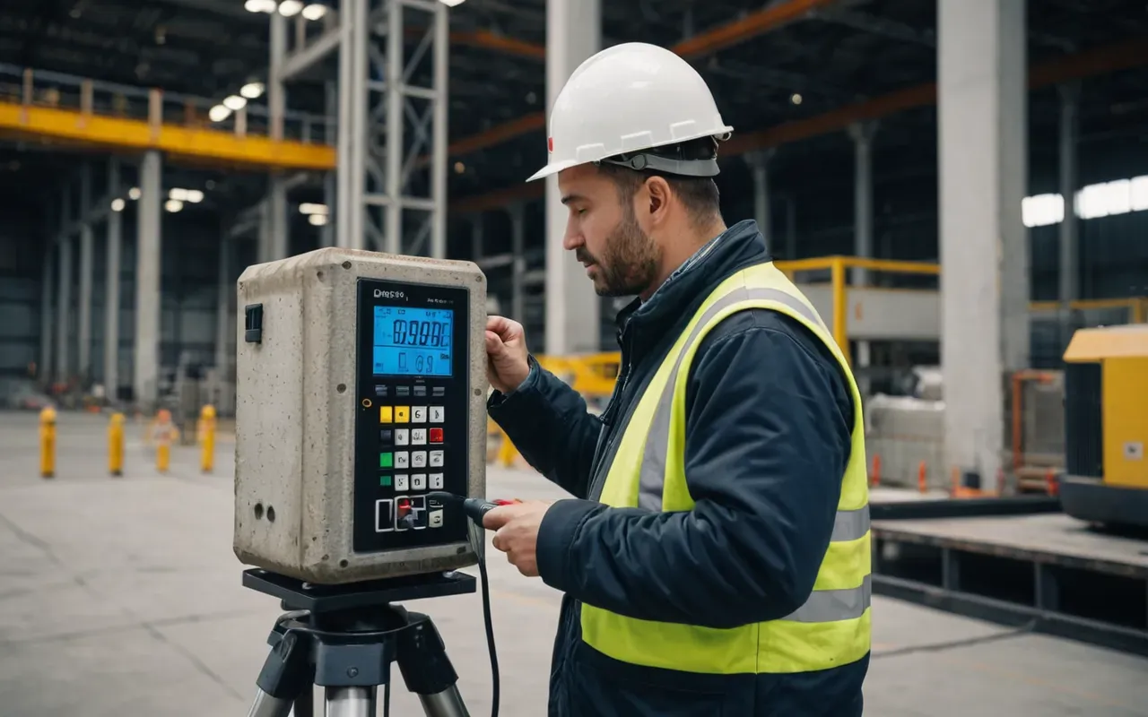 A professional engineer using a digital decibel meter to measure noise levels near a large concrete mixing machine in an open industrial facility with safety barriers visible in the background