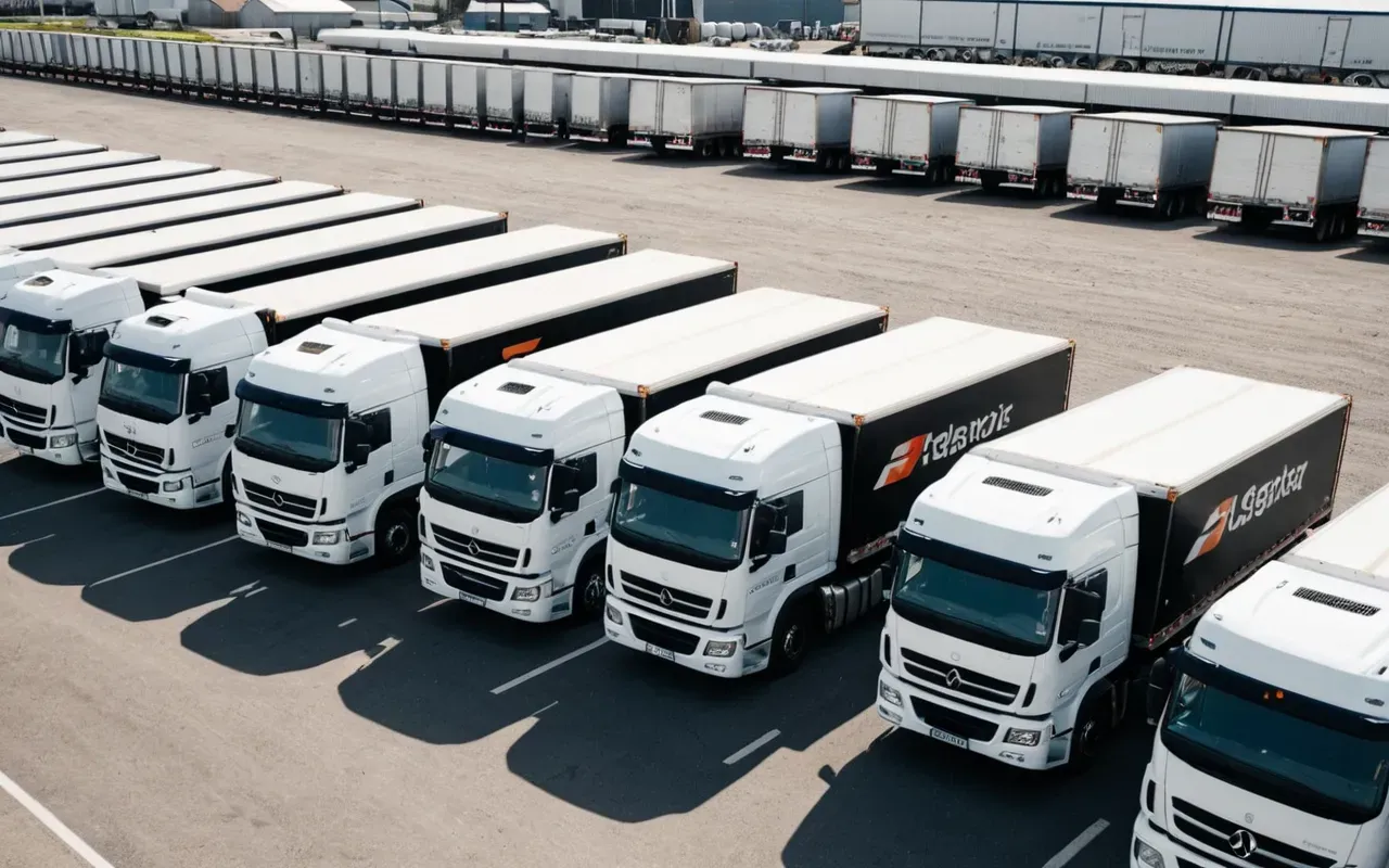 A row of parked white semi-trailer trucks at a commercial logistics yard under bright midday sun. Concrete loading ramps are visible in the background with safety barriers and steel railings along the edges.