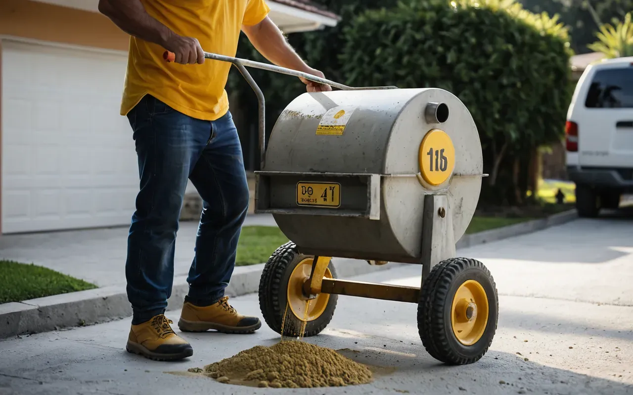 small contractor benefits A small business owner in a yellow hard hat smiling while operating a compact concrete mixer on a residential driveway with fresh cement pouring into a mold.