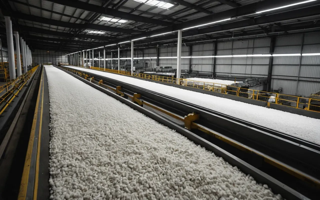 A wide angle shot of a large industrial sorting facility with conveyor belts moving white fibrous material into bulk sacks under bright artificial lighting with no people or text visible in the scene.