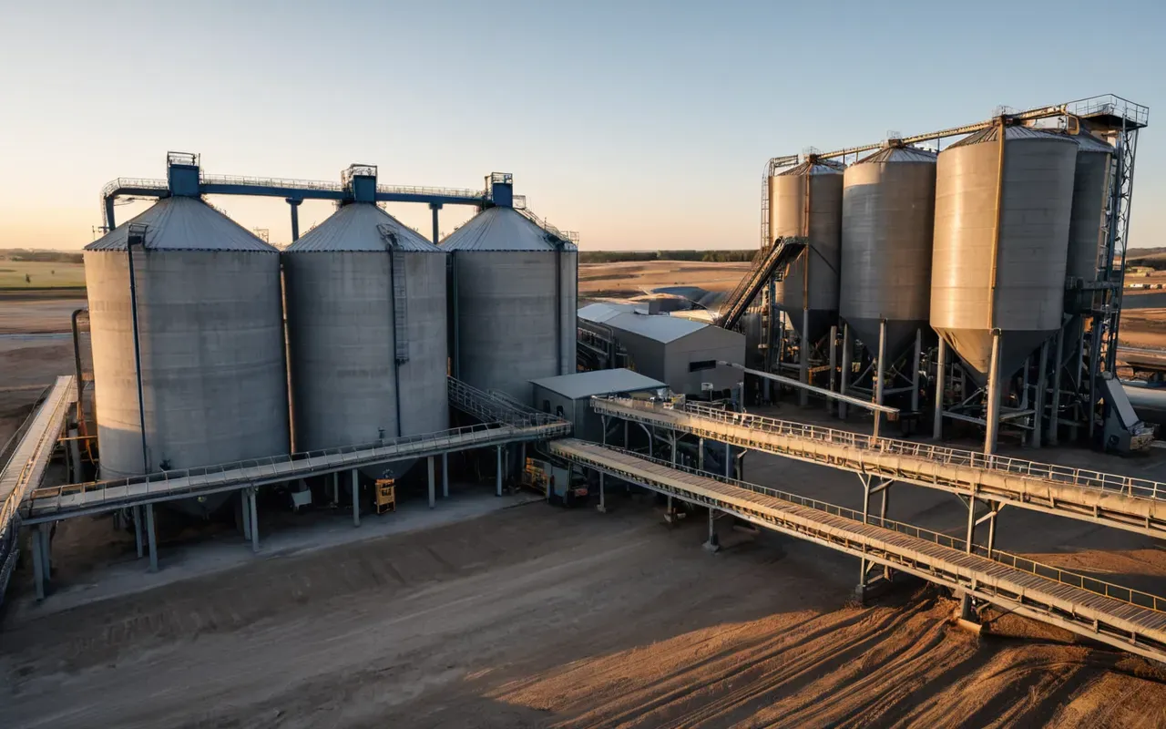 A wide-angle shot of a modern ready-mix concrete batching plant at golden hour, with large gray silos, mixing drums, and heavy-duty conveyor belts in the foreground. The sky has soft orange and purple tones. No people visible.