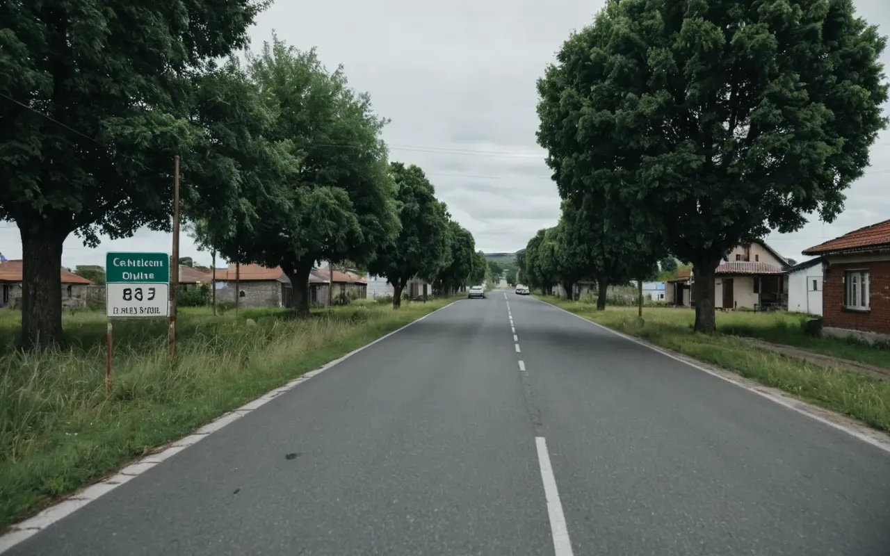 A wide-angle shot of a rural residential street with mature trees and open grassy lots in the foreground. In the distant background, faint outlines of industrial silos are visible under an overcast sky. The lighting is soft morning light highlighting the contrast between quiet homes and looming infrastructure.
