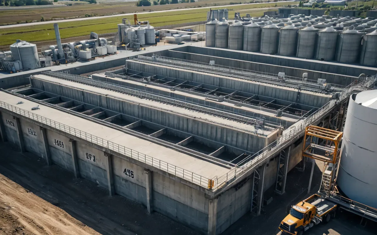 batching plant layout A wide-angle view of a modern concrete batching plant yard with efficient traffic flow and organized washing areas under bright daylight.