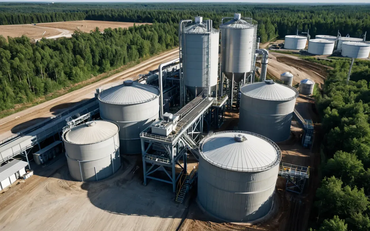concrete batching plant A wide-angle view of a modern concrete batching plant with large mixing drums and material silos under a clear sky. The facility is surrounded by green vegetation and appears well-maintained, emphasizing industrial efficiency in a natural setting.