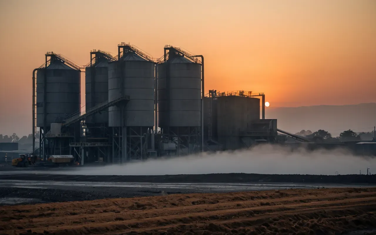 concrete plant operations A wide shot of a large concrete mixing plant at dawn with mist rising from the ground and heavy machinery silhouetted against a bright orange sky.