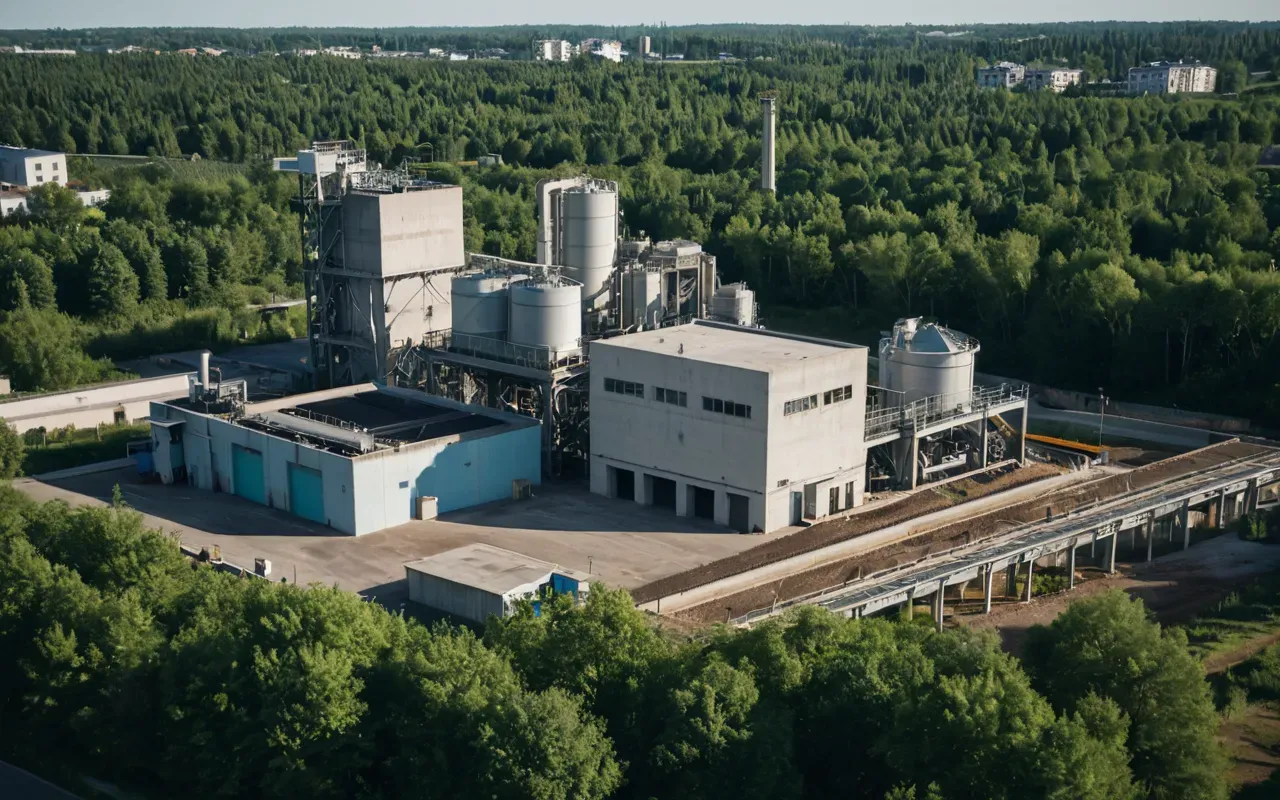 A wide shot of a modern ready mix concrete plant surrounded by green trees and residential houses in the background under a clear blue sky with no visible text or logos.