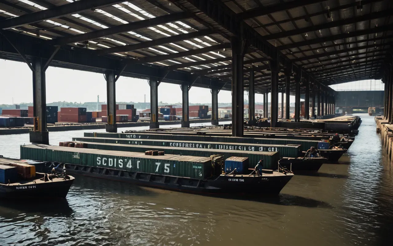 river cargo transport A wide shot of several large flat barges moving slowly through a calm river with industrial warehouses visible in the background.